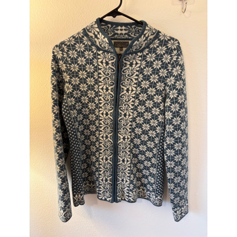 Classic Alpaca Blue White Snowflake Full Zip Cardigan Sweater 100% Alpaca Peru L